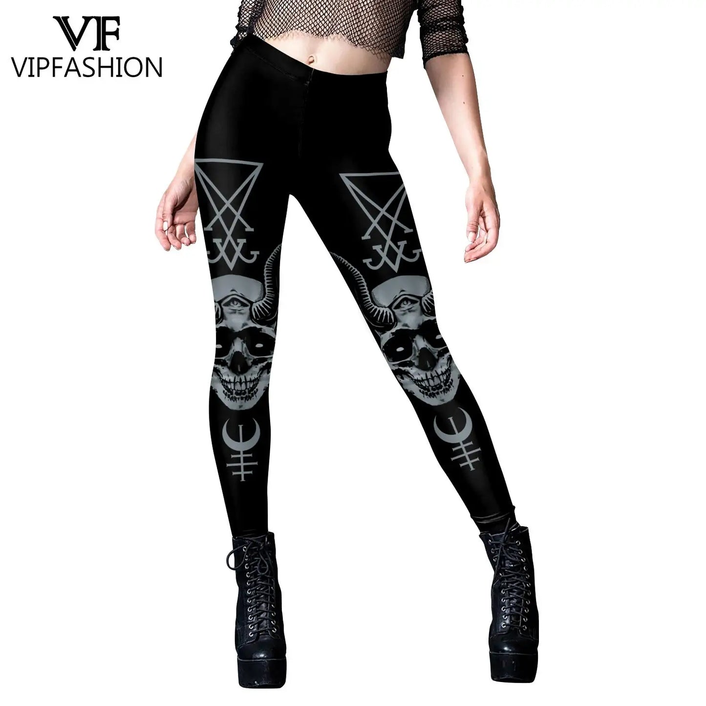 VIP FASHION Woman Gothic Leggings Sexy Steampunk Print Trousers Elastic Vintage Skinny Pencil Pants Ankle Length Cosplay Bottom