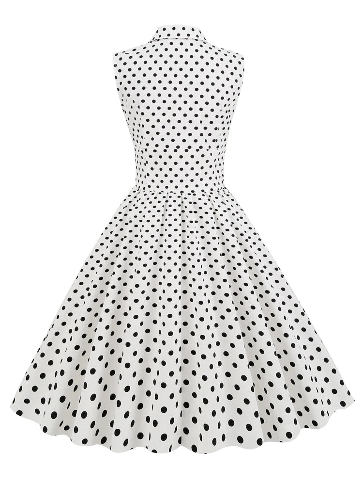 Tonval Notched Collar Double Breasted White Cotton Dresses Women Sleeveless Polka Dot Vintage Rockabilly Midi Dress