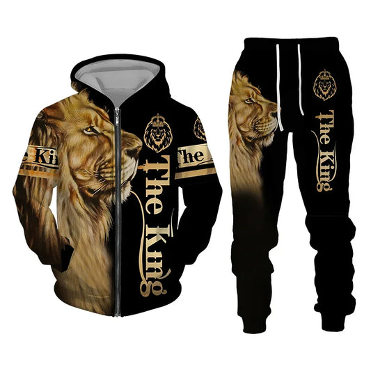 Men Zipper Hoodie Suit Autumn Winter Tracksuit Animal Lion 3D Print Sweatshirts Pants Sets Casual Oversize Clothing High-quality