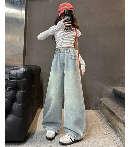 Kids High Waisted Washed Jeans Classic Trendy Street Straight Denim Pants for Girls Simple Style Jeans Trousers For Teens Child