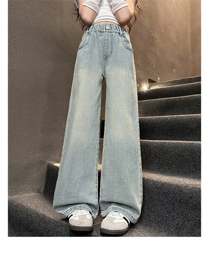 Kids High Waisted Washed Jeans Classic Trendy Street Straight Denim Pants for Girls Simple Style Jeans Trousers For Teens Child