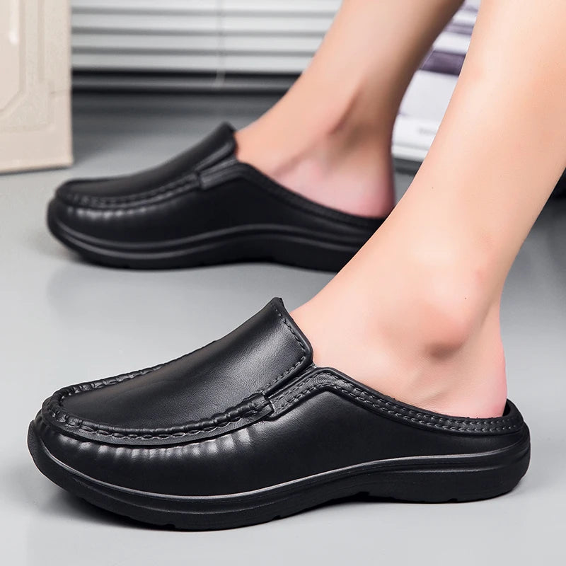 Chef shoes summer plus size baotou half slippers non slip oil resistant business casual men's chef shoes breathable leather shoe