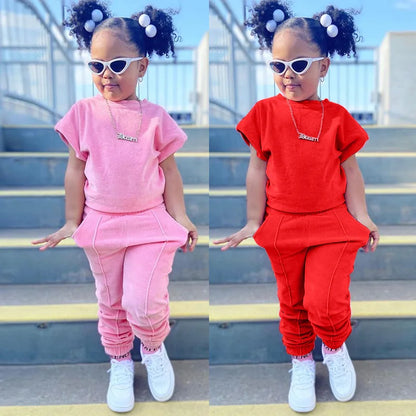 Fashion Kids Little Girls Clothing 2 Pieces Sets Cotton Solid Casual T-shirt+Elastic Waist Pants Young Children Outfits 1-6Y