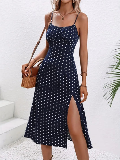 Summer Sexy Spaghetti Straps Dress Women Fashion Polka Dot Print Sleeveless Slit Dress Boho Casual Beach Midi Dresses