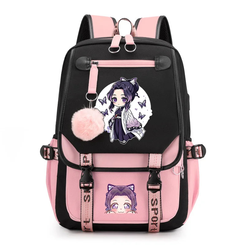 Cute Kawaii Kochou Shinobu Pattern Backpack Teenage Street Anime Backpack Kochou Shinobu Backpack USB Backpacks