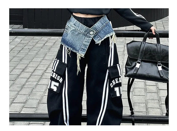 2025 spring teen girl American spliced denim drawstring work pants junior kid casual floor sports Wide leg trousers short hoodie