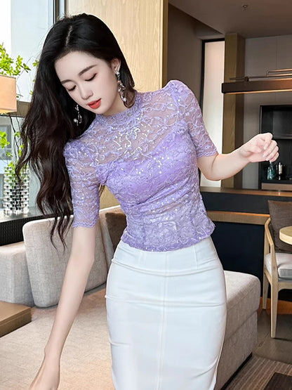 2023 Fashion Elegant Purple Black Sequins See Through Women Tops Outfits Sheer Lace Sexy T-Shirts Tees Skinny Club Party Clothes