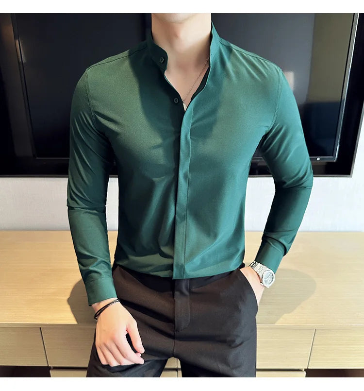 2024 New Stand Collar Luxury Shirts For Men High Quality Hide Buttons Design Solid Slim Fit Business Party Wedding Dress Shirts