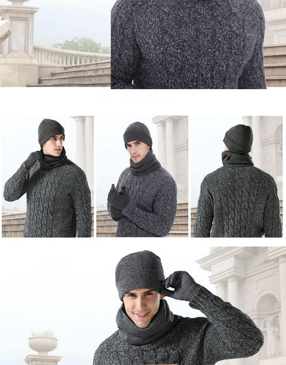 Men's Autumn Winter Keep Warm Set Unisex Beanie Gloves Scarf Male Woolen Yarn Knit Muffler Solid Color Hat Wholesale Drop Ship