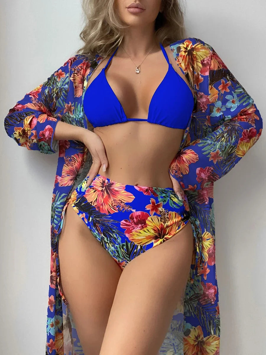 Three Piece Set Printed Mesh Cover Shirt Split Swimsuit