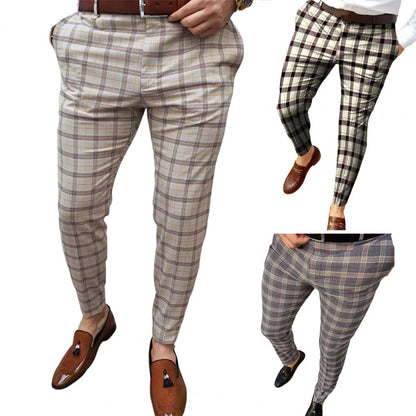 Mid-rise Zipper Button Fly Pockets Men Pants Autumn Plaid Print Straight Fit Casual Pencil Pants