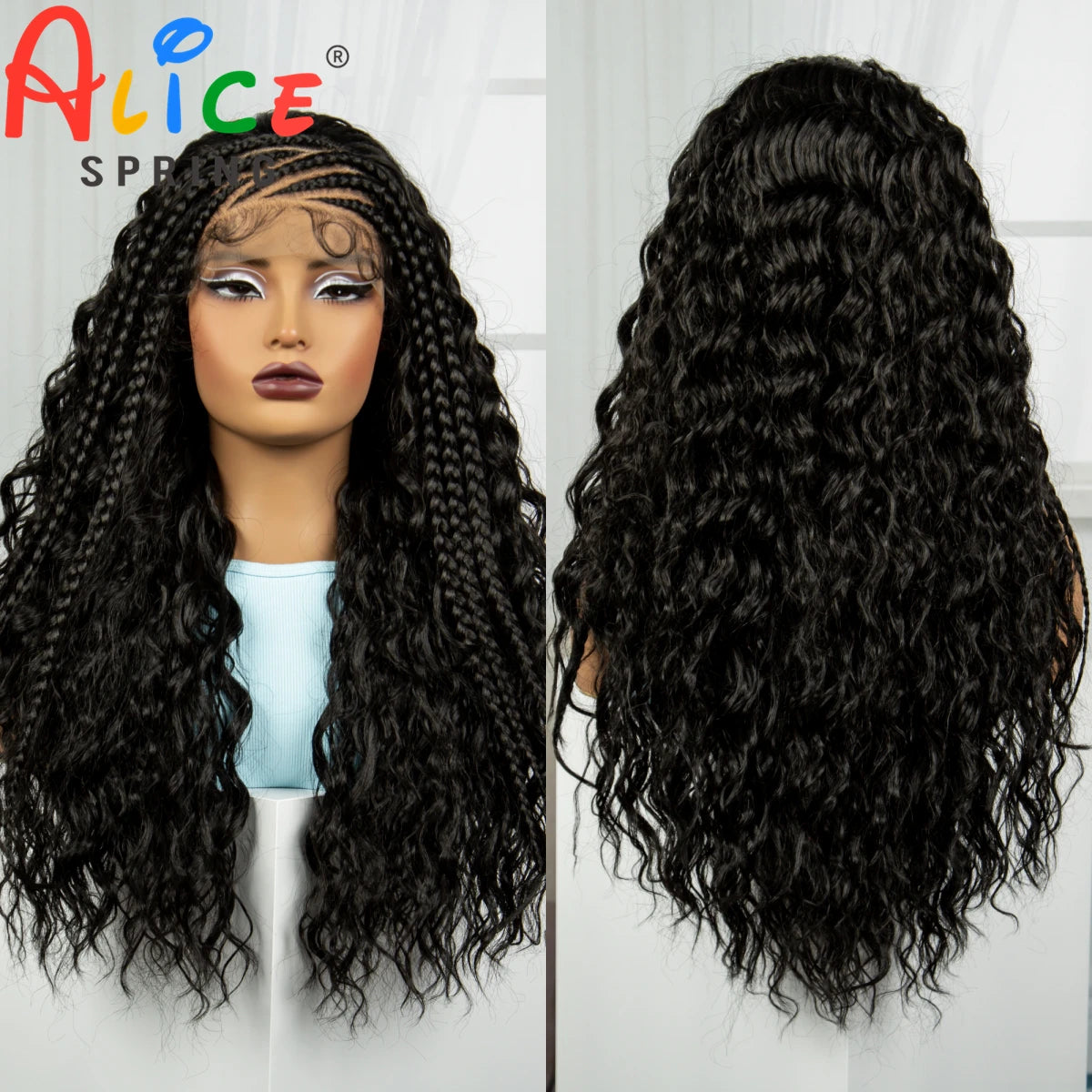 26 Inch Natural Water Wave Synthetic Braided Wigs Lace Braided Wig Curly Knotless Box Braids Wigs With Baby Hair for Black Woman