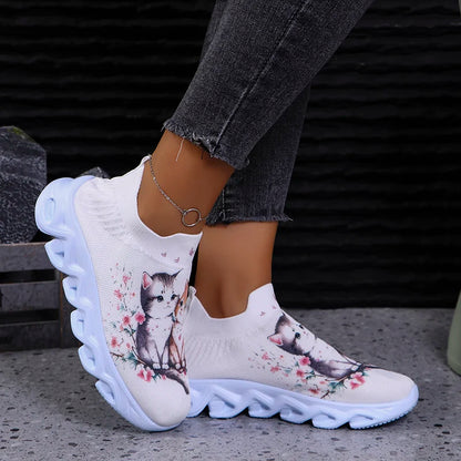 New Cute Cat Print Womens Casual Sneakers Autumn Soft Comfort Thick Bottom Running Shoes Breathable Lightweight Sport Shoes