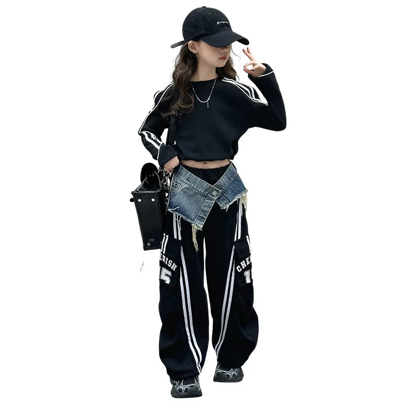 2025 spring teen girl American spliced denim drawstring work pants junior kid casual floor sports Wide leg trousers short hoodie