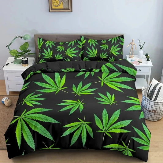 Psychedelic Weed Leaves Bedding set,Marijuana Leaf Duvet Cover,Vibrant Green Colorful Printed Bed Sheet Set