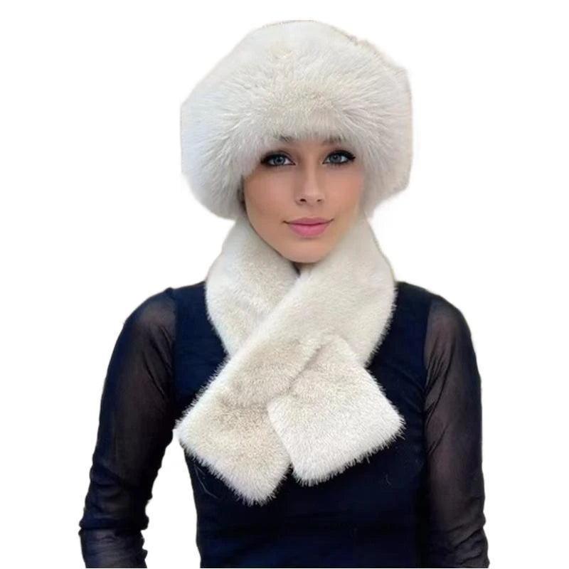 2 Pcs/Set Women Winter Hat Scarf Set Fuzzy Plush Thickened Windproof Heat Retention Cross Neck Wrap Solid Color Dome Faux Fur Fi