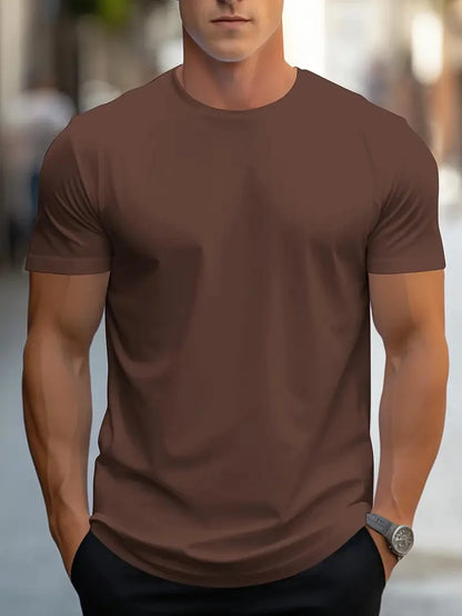 Men's Fashion Round Neck Printed T-Shirt Short Sleeve Solid Color Streetwear Loose Fit Summer Top