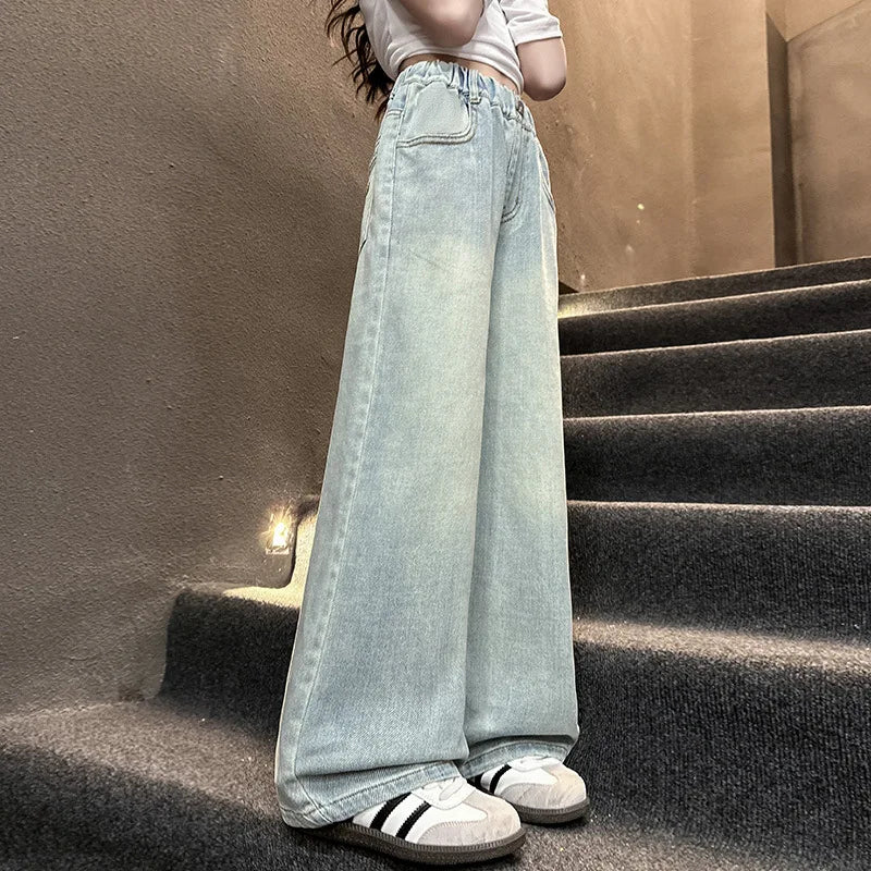 Kids High Waisted Washed Jeans Classic Trendy Street Straight Denim Pants for Girls Simple Style Jeans Trousers For Teens Child