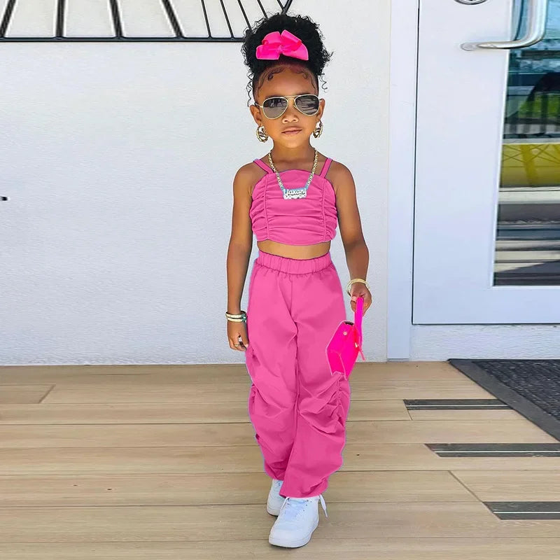 1-8years Baby Kids Summer Clothing For Girls Sleeveless Crop Tops+Cargo Pants 2pcs/sets Children's Fashion Clothes Outfits Girl