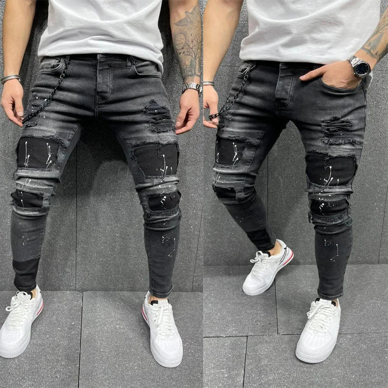 Retro Wash Distressed Stretch Ripped Jeans for Men Black 90% Cotton Tight Hole Patch Denim Joggers