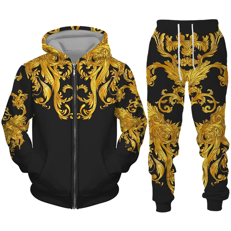 Men's Zipper Tracksuit Set Luxury Golden Pattern 3D Print Casual Hoodie Pants 2pcs Sets Oversize Sweatshirt Fashion Man Clothes