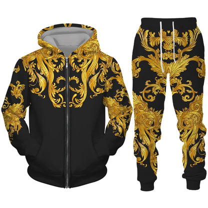 Men's Zipper Tracksuit Set Luxury Golden Pattern 3D Print Casual Hoodie Pants 2pcs Sets Oversize Sweatshirt Fashion Man Clothes