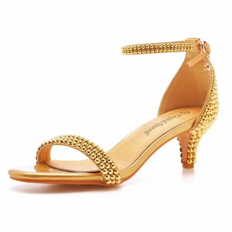 Summer High-heeled Women's Sandals String Bead PU 5CM Thin Heels Buckle Strap Wedding Dress Women's Shoes Golden Middle Heels