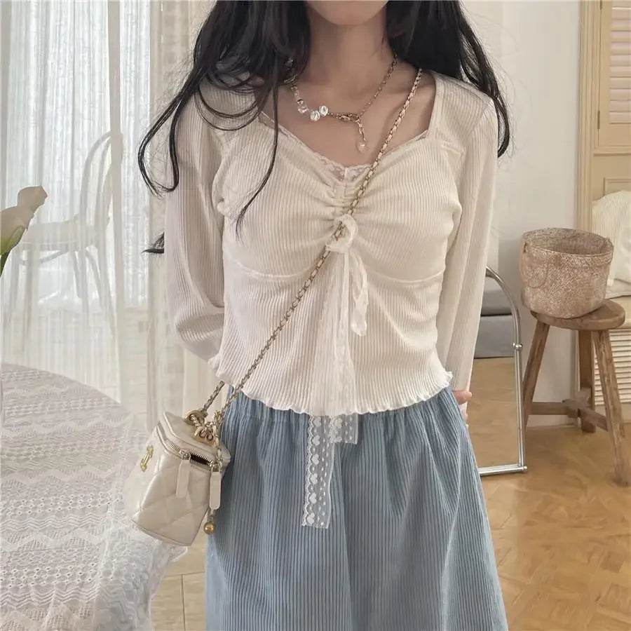 Solid T-shirts Women Spicy Girls Lace Patchwork Shirring Long Sleeve Korean Fashion Simple All-match Sweet Spring Cozy trendy