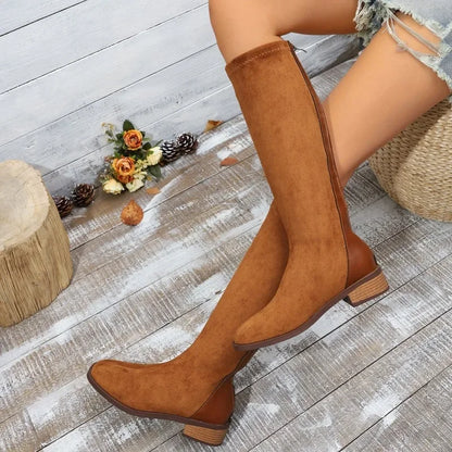 Women's Fashion Boots Spring and Autumn New Style Round Toe Back Zipper Knee-high Boots Women Stitching High Boots Simple Boots