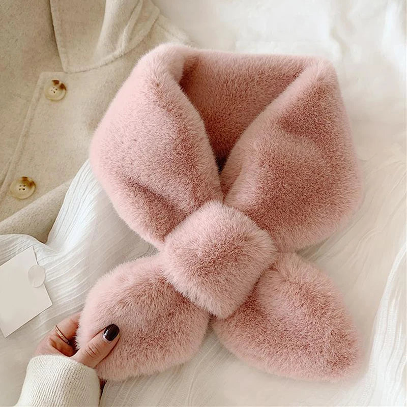 Cross Scarf For Women Autumn Winter Keep Warm Thick Plush Neck Collar Solid Color Fake Rabbit Fur Snood Scarves Warmer Girl Gift