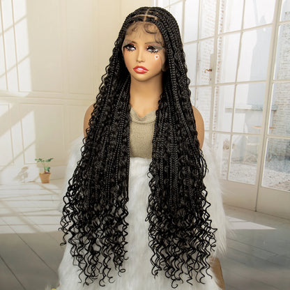 36 Inches Long Boho Braided Wigs with Baby Hair Synthetic Full Lace Knotless Box Braiding Wig with Curly Lace Frontal Wig