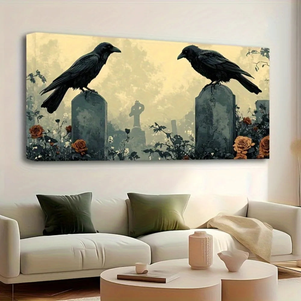 1.5 inch thick pine solid wood frame, Halloween crow and floral tombstone canvas art wall decoration