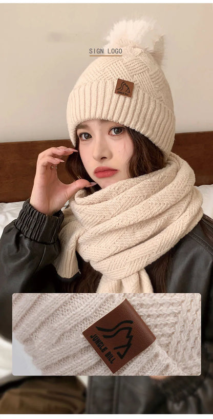 Women's Winter Double Layer Plus Fluff Ball Knit Hat Outdoor Warm Beanie Hat Two-Piece Set