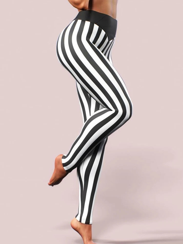 Fitness Jeggings Workout Pencil Pants Sexy Leggings Women Fashion High Waist Black White Striped Printed Leggins Elastic Gym