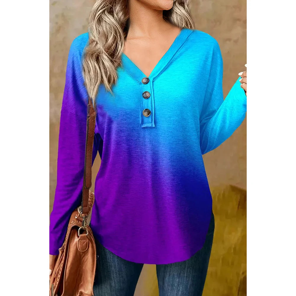 Flycurvy Plus Size Autumn Winter Casual Blue Colorblock Ombre Button V Neck Long Sleeve Blouse Shirts