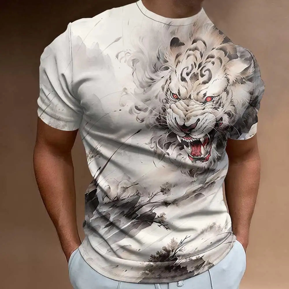 Fashionable 3D Fierce Tiger Print Men's T-Shirt Retro Loose Oversized Short Sleeve Eye Catching Man Clothing 2024 Tees