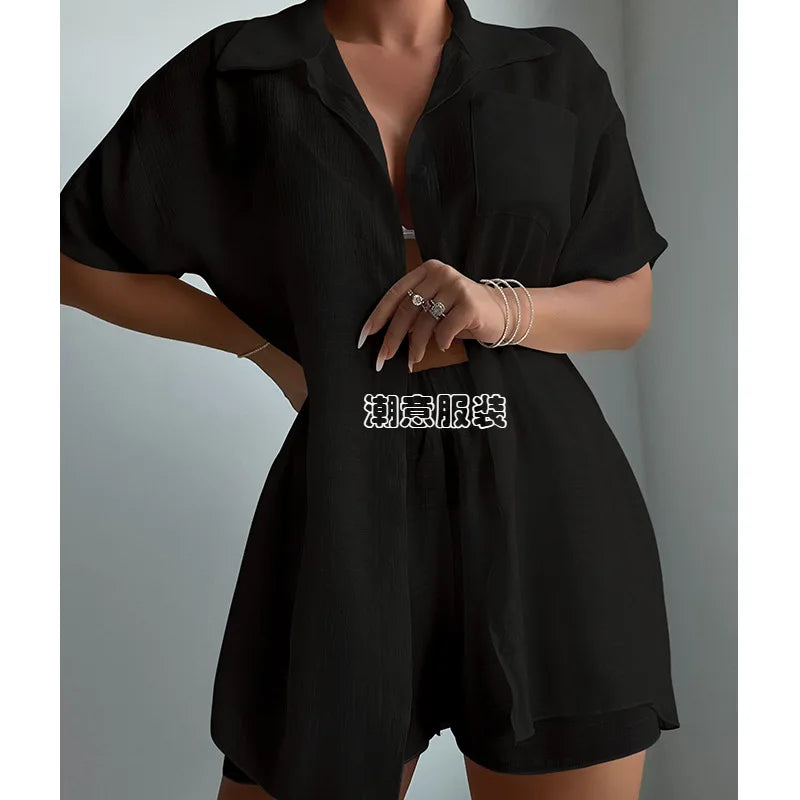 Beach Vacation Solid Color Short Sleeve Shirt Set Casual Summer New Loose Sun Protection Suit Beach Swimsuit Cover Up Short Sets