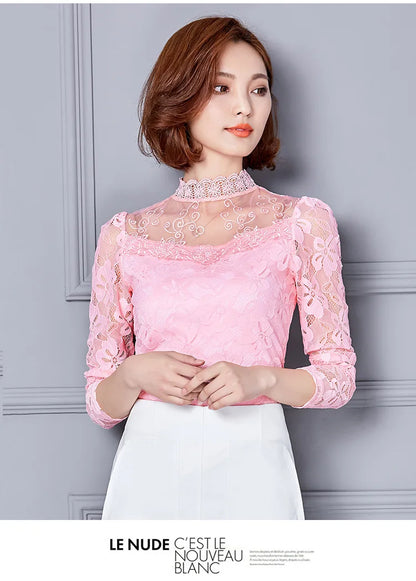 Women T Shirts Vintage Spring Winter Tees Autumn Lace Beads Hole Sexy Tops Warm Blouse Top Casual Full Long Sleeve Shirt