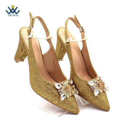 Champagne Color High Quality Women Pointed Toe Shoes Matching Bag Set for Nigerian Ladies Wedding Party