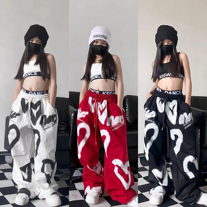 1pc hip hop 2025 summer teens tracksuit Girls cloth heart letters graffiti t-shirt or print long wide leg pant Kid 8 10 12 year