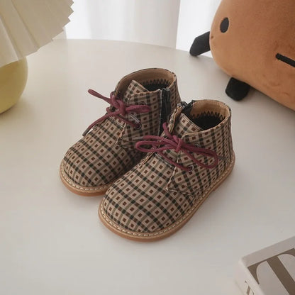 British Style Children Short Boots Handsome Autumn Boys Single Boots Fashion Girls Retro Lattice Boots Baby Soft Warm Shoes