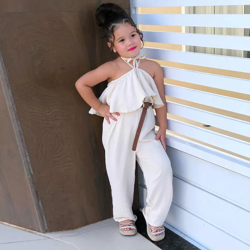 New Casual Girls' Summer Halter Ruffle Sleeve Jumpsuit Soild Suspender Romper Fashion Clothing for Toddler Girl 1-8 Years