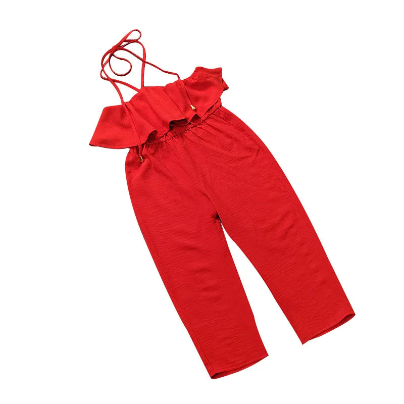 New Casual Girls' Summer Halter Ruffle Sleeve Jumpsuit Soild Suspender Romper Fashion Clothing for Toddler Girl 1-8 Years