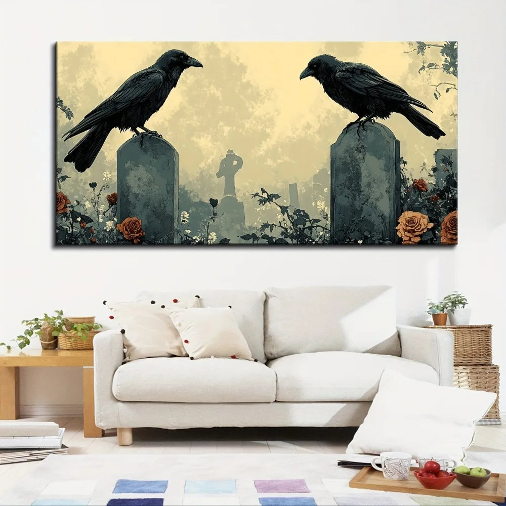 1.5 inch thick pine solid wood frame, Halloween crow and floral tombstone canvas art wall decoration