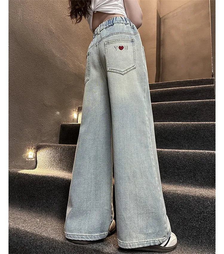 Kids High Waisted Washed Jeans Classic Trendy Street Straight Denim Pants for Girls Simple Style Jeans Trousers For Teens Child