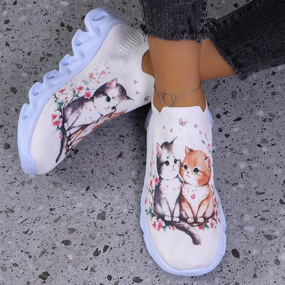 New Cute Cat Print Womens Casual Sneakers Autumn Soft Comfort Thick Bottom Running Shoes Breathable Lightweight Sport Shoes