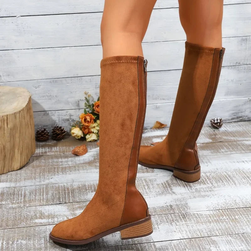 Women's Fashion Boots Spring and Autumn New Style Round Toe Back Zipper Knee-high Boots Women Stitching High Boots Simple Boots