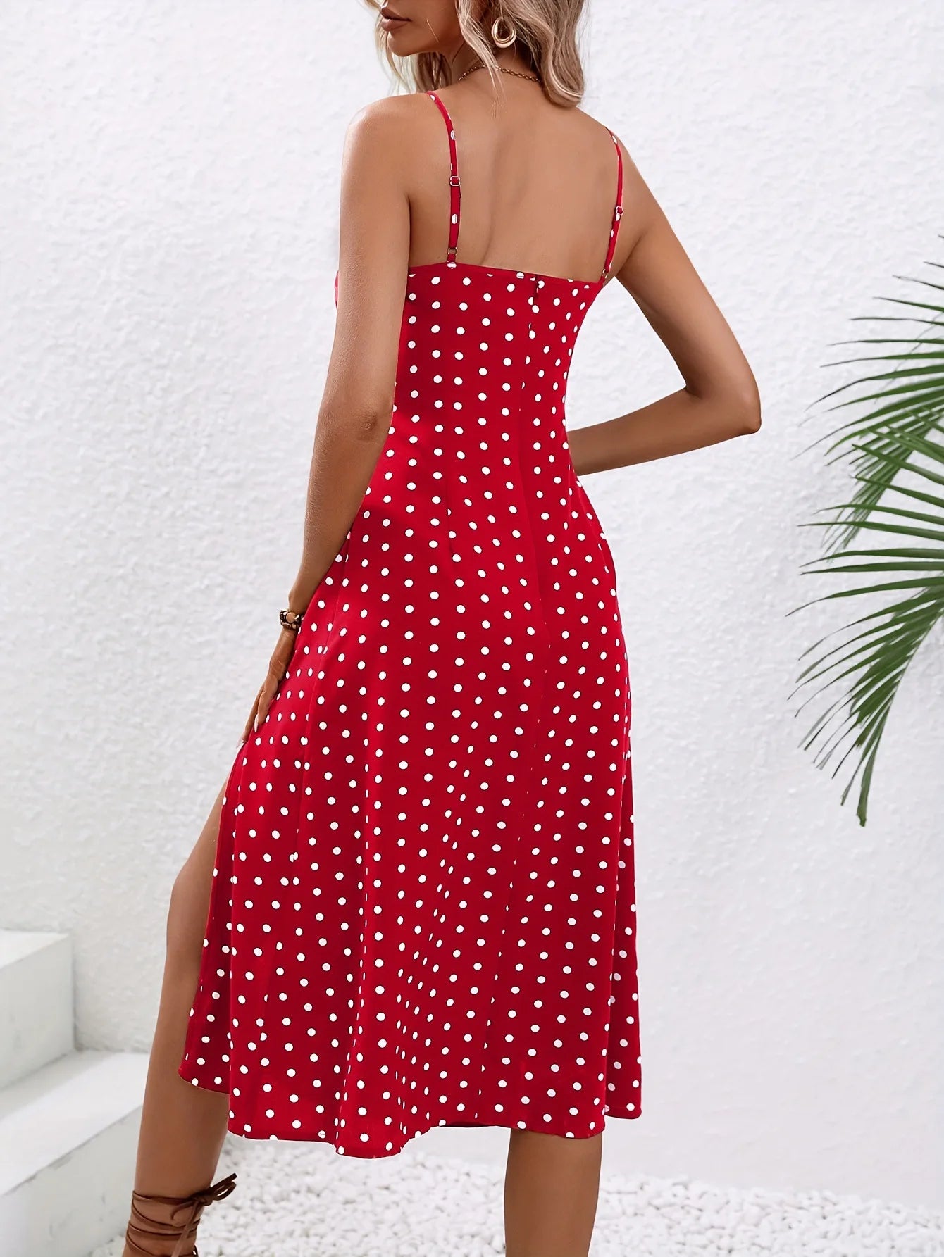 Summer Sexy Spaghetti Straps Dress Women Fashion Polka Dot Print Sleeveless Slit Dress Boho Casual Beach Midi Dresses