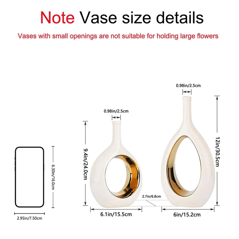 ABVA-White And Gold Vase Ceramic White Vases Home Decor,Modern Minimalist Circle With Hole Decorative Vase