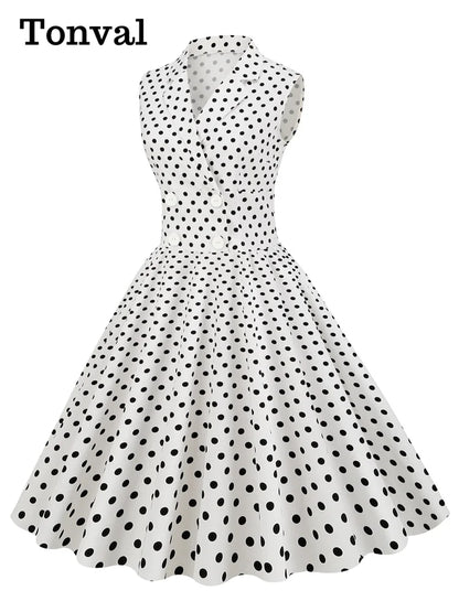 Tonval Notched Collar Double Breasted White Cotton Dresses Women Sleeveless Polka Dot Vintage Rockabilly Midi Dress